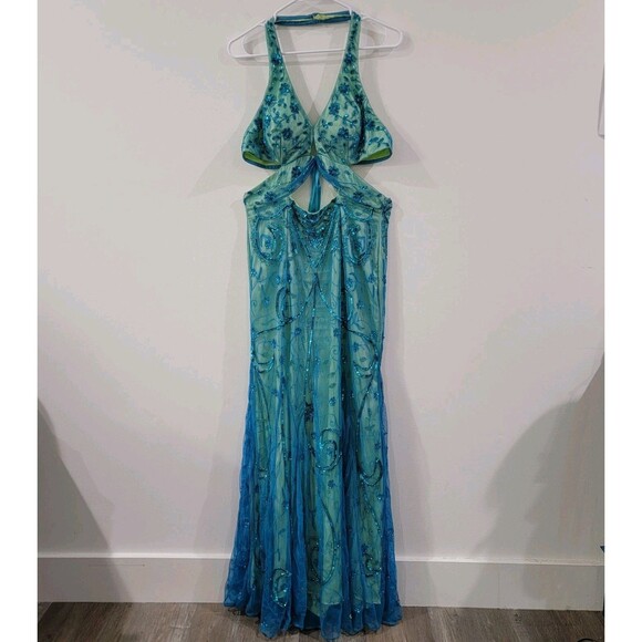 Vintage Y2K Cache Womens Dress Size Large Beaded Iridescent Gown Fairy Floral - Picture 1 of 13